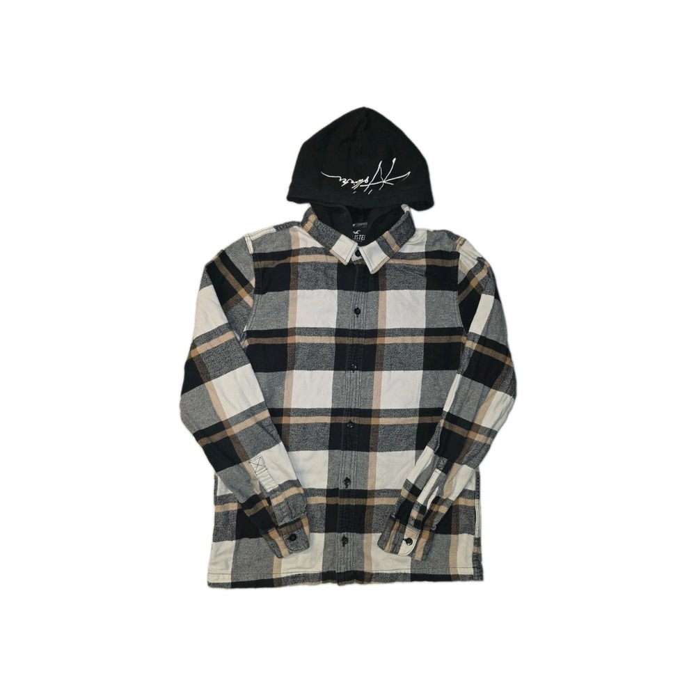 Hollister Flannel Plaid Button Up White Tan Size M Long Sleeve Hoodie Shirt